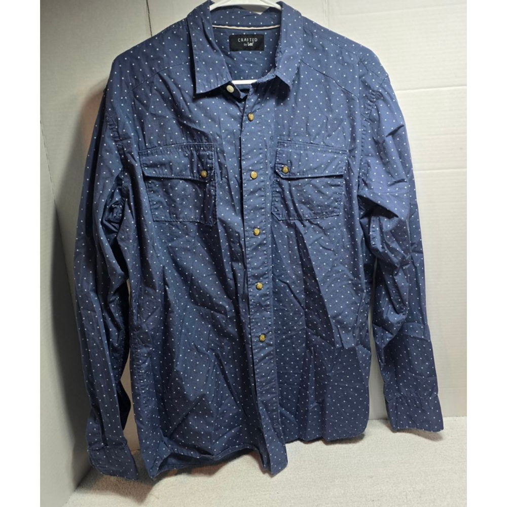 Men's Crafted by Lee Blue White Polka Dot Casual Button Down Shirt L